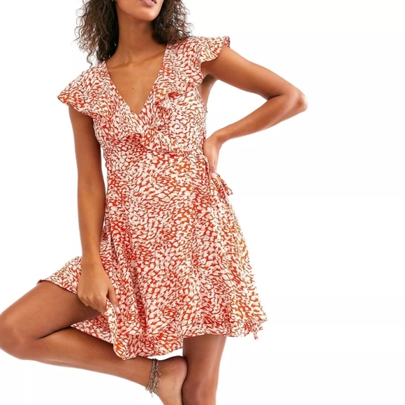 FREE PEOPLE French Quarter Wrap Mini Dress, Orange/Tan/White Print, Women's XS - Picture 1 of 13